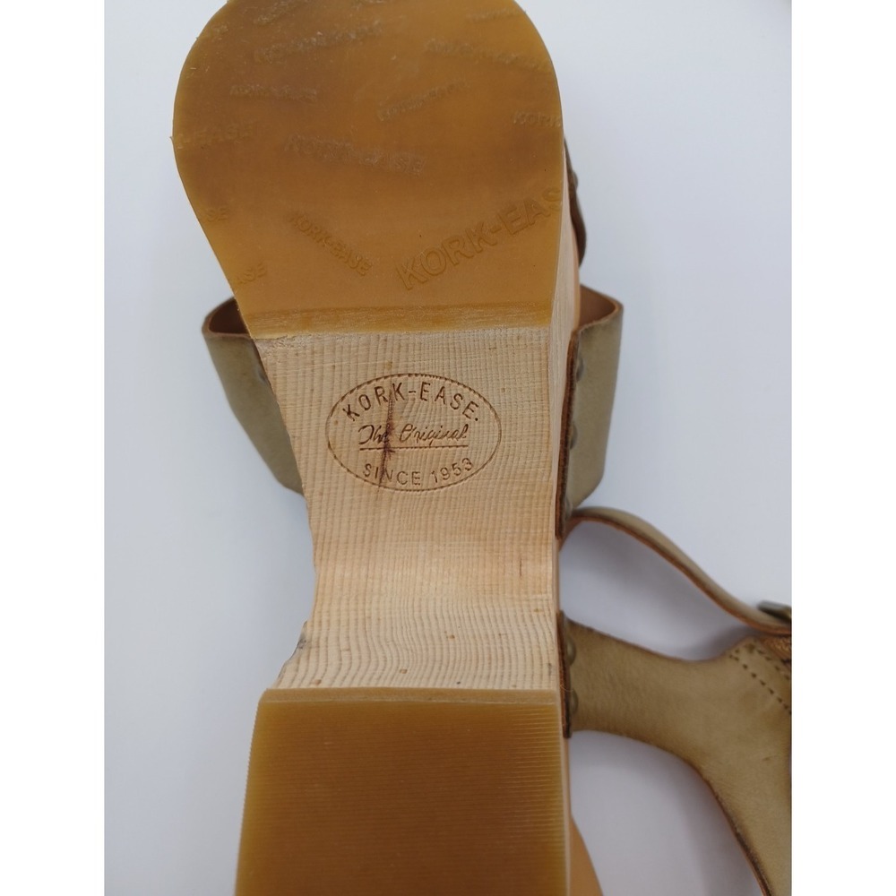 Kork-Ease Platform Sandals Womens 11 Tan Excellent Leather Wedge Strappy Wood - Picture 11 of 11